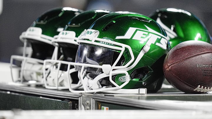 Aug 17, 2024; Charlotte, North Carolina, USA; New York Jets helmets during the second half against the Carolina Panthers at Bank of America Stadium. Mandatory Credit: Jim Dedmon-Imagn Images