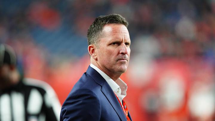 Dec 2, 2024; Denver, Colorado, USA; Denver Broncos general manager George Paton before the game against the Cleveland Browns at Empower Field at Mile High. Mandatory Credit: Ron Chenoy-Imagn Images