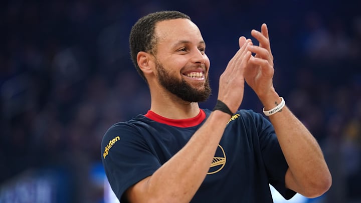 Jan. 29, 2025; San Francisco, California, USA; Golden State Warriors guard Stephen Curry (30) smiles before receiving his special Championship Ring in recognition of the USA Basketball Men’s National Team’s gold medal victory at the Paris 2024 Olympic Games before the start of the game against the Oklahoma City Thunder at the Chase Center.