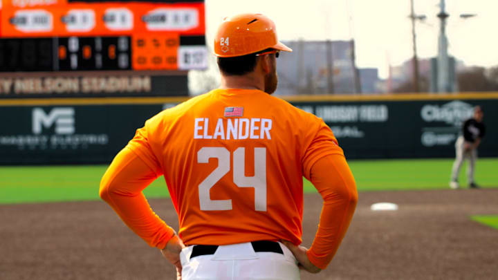 Josh Elander looks over the field in Game 1 of the double header vs. Nicholls State 02/14/2026. Josh Elander looks over the field in Game 1 of the double header vs. Nicholls State 02/14/2026.