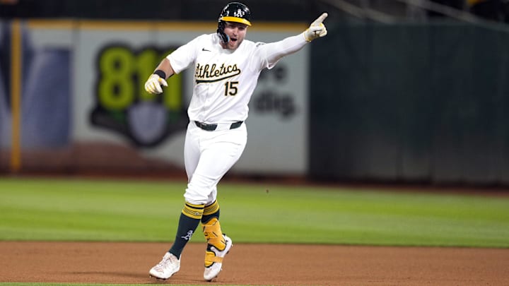 Sep 6, 2024; Oakland, California, USA; Oakland Athletics left fielder Seth Brown (15) reacts after hitting a walk-off single against the Detroit Tigers during the thirteenth inning at Oakland-Alameda County Coliseum. Mandatory Credit: Darren Yamashita-Imagn Images