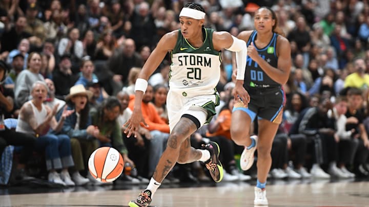 Aug 15, 2025; Vancouver, British Columbia; Seattle Storm guard Brittney Sykes (20) dribbles the ball against the Atlanta Dream during the second half at Rogers Arena. Aug 15, 2025; Vancouver, British Columbia; Seattle Storm guard Brittney Sykes (20) dribbles the ball against the Atlanta Dream during the second half at Rogers Arena.