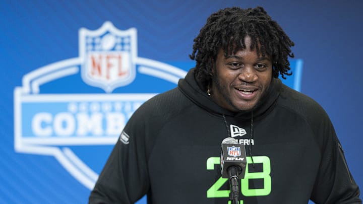 Mar 1, 2025; Indianapolis, IN, USA; University of Missouri offensive lineman Armand Membou (OL28) answers questions at a press conference during the 2025 NFL Combine at Indiana Convention Center. Mandatory Credit: Jacob Musselman-Imagn Images Mar 1, 2025; Indianapolis, IN, USA; University of Missouri offensive lineman Armand Membou (OL28) answers questions at a press conference during the 2025 NFL Combine at Indiana Convention Center. Mandatory Credit: Jacob Musselman-Imagn Images