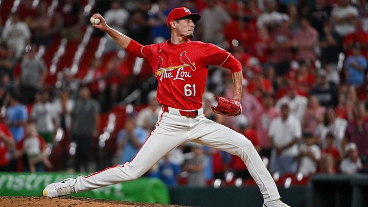 Aug 7, 2026; St. Louis, Missouri, USA; St. Louis Cardinals pitcher Riley O'Brien (61) throws against the Colorado Rockies during the ninth inning at Busch Stadium. Mandatory Credit: Jeff Curry-Imagn Images Aug 7, 2026; St. Louis, Missouri, USA; St. Louis Cardinals pitcher Riley O'Brien (61) throws against the Colorado Rockies during the ninth inning at Busch Stadium. Mandatory Credit: Jeff Curry-Imagn Images
