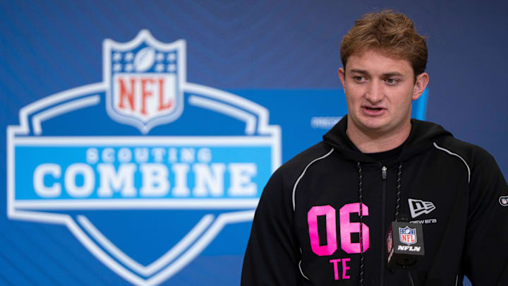 Texas tight end Jack Endries speaks to members of the media during the NFL Combine 