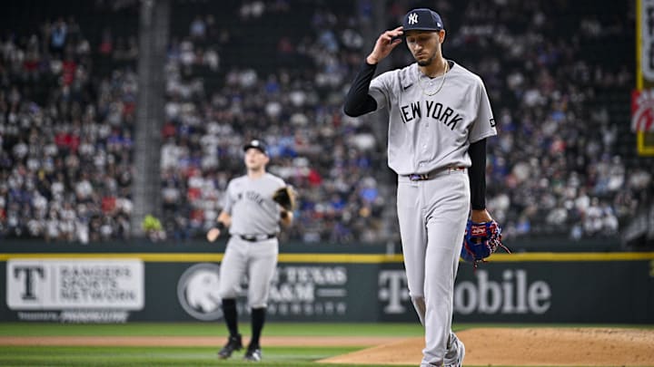 Apr 29, 2026; Arlington, Texas, USA; New York Yankees starting pitcher Elmer Rodriguez (71) walks off the field during the game between the Rangers and the Yankees at Globe Life Field. Mandatory Credit: Jerome Miron-Imagn Images