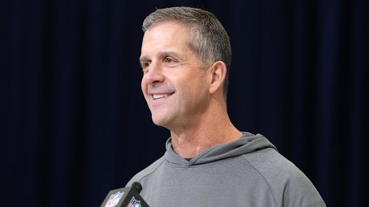 Feb 24, 2026; Indianapolis, IN, USA; New York Giants coach John Harbaugh speaks at the NFL Scouting Combine at the Indiana Convention Center. Mandatory Credit: Kirby Lee-Imagn Images Feb 24, 2026; Indianapolis, IN, USA; New York Giants coach John Harbaugh speaks at the NFL Scouting Combine at the Indiana Convention Center. Mandatory Credit: Kirby Lee-Imagn Images