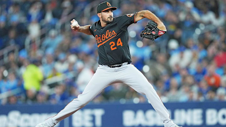 Mar 27, 2025; Toronto, Ontario, CAN; Baltimore Orioles starting pitcher Zach Eflin (24) throws a pitch against the Toronto Blue Jays during the second inning at Rogers Centre. Mar 27, 2025; Toronto, Ontario, CAN; Baltimore Orioles starting pitcher Zach Eflin (24) throws a pitch against the Toronto Blue Jays during the second inning at Rogers Centre.