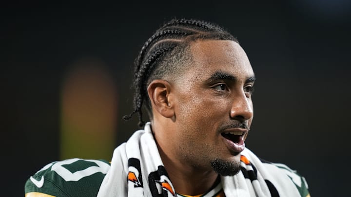 Aug 9, 2025; Green Bay, Wisconsin, USA;  Green Bay Packers quarterback Jordan Love (10) walks off the field following a 30-10 loss against the New York Jets at Lambeau Field. Mandatory Credit: Kayla Wolf-Imagn Images