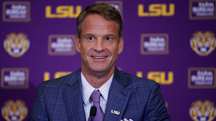 Dec 1, 2025; Baton Rouge, LA, USA; LSU new head coach Lane Kiffin speaks at South Stadium Club at Tiger Stadium. Mandatory Credit: Matthew Hinton-Imagn Images Dec 1, 2025; Baton Rouge, LA, USA; LSU new head coach Lane Kiffin speaks at South Stadium Club at Tiger Stadium. Mandatory Credit: Matthew Hinton-Imagn Images