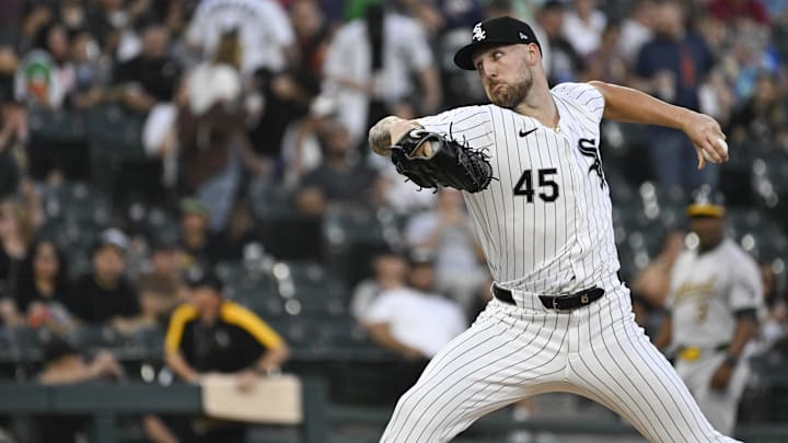 Sep 13, 2024; Chicago, Illinois, USA;  Chicago White Sox pitcher Garrett Crochet (45) delivers against the Oakland Athletics during the first inning at Guaranteed Rate Field. Mandatory Credit: Matt Marton-Imagn Images