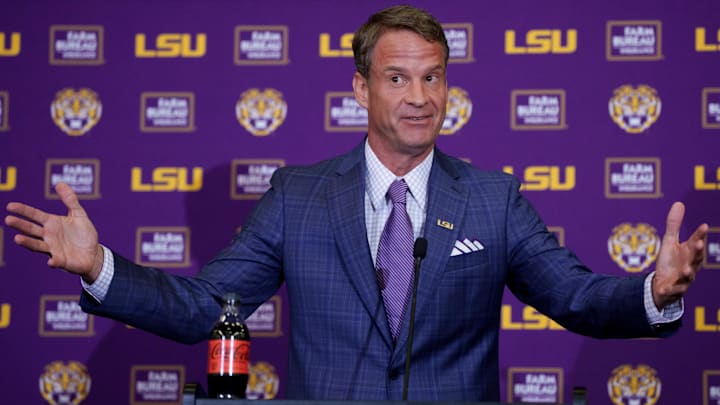 Dec 1, 2025; Baton Rouge, LA, USA; LSU new head coach Lane Kiffin speaks at South Stadium Club at Tiger Stadium. Mandatory Credit: Matthew Hinton-Imagn Images