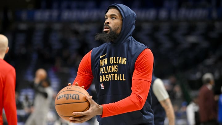 Jan 13, 2024; Dallas, Texas, USA; New Orleans Pelicans forward Naji Marshall (8) warms up before the game against the Dallas Mavericks at the American Airlines Center. Jan 13, 2024; Dallas, Texas, USA; New Orleans Pelicans forward Naji Marshall (8) warms up before the game against the Dallas Mavericks at the American Airlines Center.