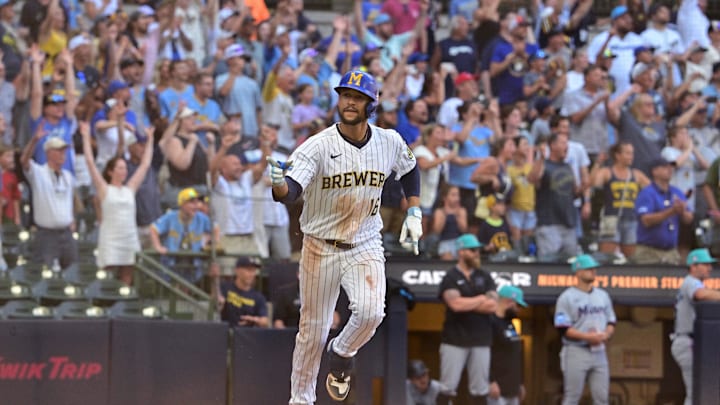 Jul 27, 2025; Milwaukee, Wisconsin, USA; Milwaukee Brewers center fielder Blake Perkins (16) reacts after driving in the winning run with a base hit in the ninth inning against the Miami Marlins at American Family Field. Mandatory Credit: Benny Sieu-Imagn Images Jul 27, 2025; Milwaukee, Wisconsin, USA; Milwaukee Brewers center fielder Blake Perkins (16) reacts after driving in the winning run with a base hit in the ninth inning against the Miami Marlins at American Family Field. Mandatory Credit: Benny Sieu-Imagn Images