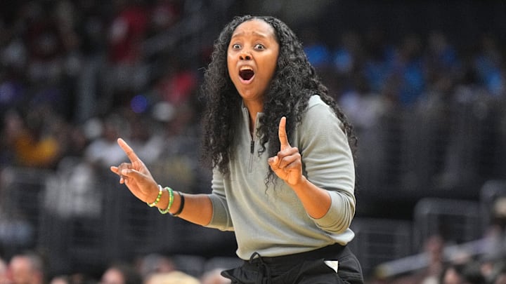 Jul 16, 2024; Los Angeles, California, USA; Seattle Storm coach Noelle Quinn reacts during the game against the LA Sparks at Crypto.com Arena. Mandatory Credit: Kirby Lee-Imagn Images