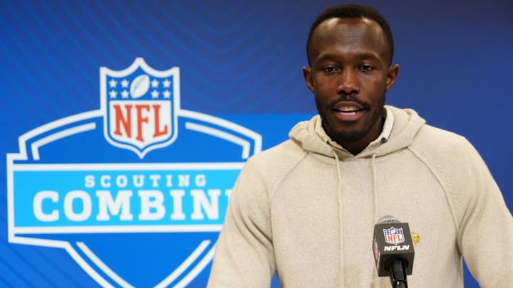 Minnesota Vikings general manager Kwesi Adofo-Mensah speaks during the NFL Combine at the Indiana Convention Center in Indianapolis on Feb. 25, 2025.