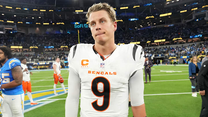 Nov 17, 2024; Inglewood, California, USA; Cincinnati Bengals quarterback Joe Burrow (9) reacts after the game against the Los Angeles Chargers at SoFi Stadium. Mandatory Credit: Kirby Lee-Imagn Images