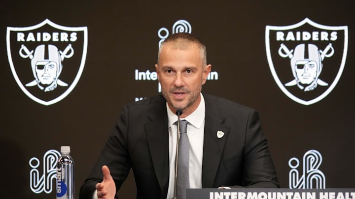 Jan 27, 2025; Las Vegas, NV, USA; Las Vegas Raiders general manager John Spytek speaks at a press conference at Intermountain Health Performance Center. Mandatory Credit: Kirby Lee-Imagn Images