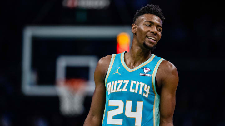 Apr 7, 2024; Charlotte, North Carolina, USA; Charlotte Hornets forward Brandon Miller (24) looks on