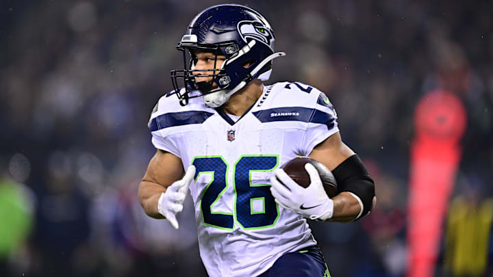 Seattle Seahawks running back Zach Charbonnet runs the ball against the Chicago Bears.