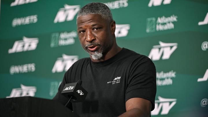 New York Jets head coach Aaron Glenn speaks at a press conference during minicamp at Atlantic Health Jets Training Center.