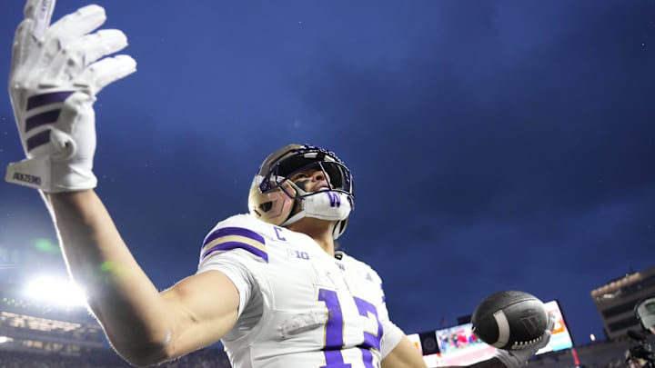 Nov 8, 2025; Madison, Wisconsin, USA; Washington Huskies wide receiver Denzel Boston (12) celebrates after scoring a touchdown during the second quarter against the Wisconsin Badgers at Camp Randall Stadium. Mandatory Credit: Jeff Hanisch-Imagn Images Nov 8, 2025; Madison, Wisconsin, USA; Washington Huskies wide receiver Denzel Boston (12) celebrates after scoring a touchdown during the second quarter against the Wisconsin Badgers at Camp Randall Stadium. Mandatory Credit: Jeff Hanisch-Imagn Images