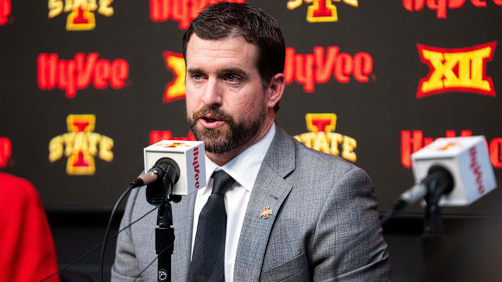 Jimmy Rogers speaks during his introductory press conference as Iowa State’s new head football coach on Dec. 8, 2025, at Iowa State University in Ames, IA.