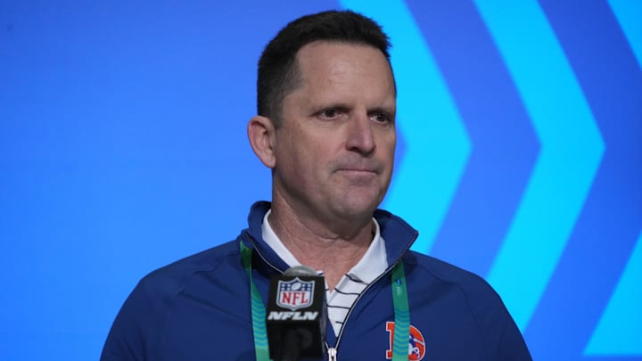 Feb 28, 2023; Indianapolis, IN, USA; Denver Broncos general manager George Paton during the NFL combine at the Indiana Convention Center. Mandatory Credit: Kirby Lee-Imagn Images Feb 28, 2023; Indianapolis, IN, USA; Denver Broncos general manager George Paton during the NFL combine at the Indiana Convention Center. Mandatory Credit: Kirby Lee-Imagn Images