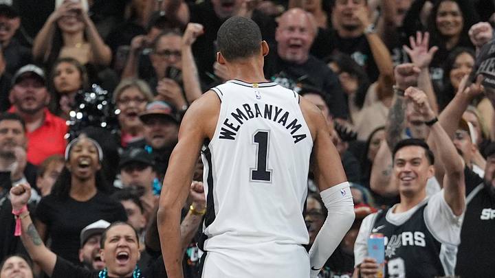 May 6, 2026; San Antonio, Texas, USA; San Antonio Spurs forward Victor Wembanyama (1) celebrates in front of the fans