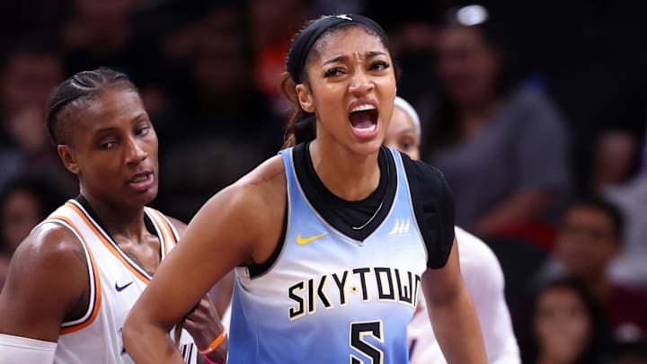 Aug 28, 2025; Phoenix, Arizona, USA; Chicago Sky forward Angel Reese (5) celebrates a shot against the Phoenix Mercury in the second half at Phx Arena. Mandatory Credit: Mark J. Rebilas-Imagn Images