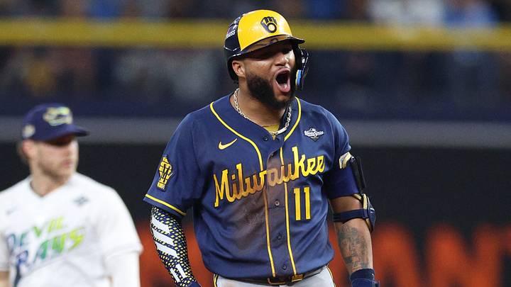 Oct 26, 2026; St. Petersburg, Florida, USA;  Milwaukee Brewers outfielder Jackson Chourio (11) reacts after hitting an RBI double against the Tampa Bay Rays during the fifth inning in game three of the 2026 World Series at Tropicana Field.  Mandatory Credit: Nathan Ray Seebeck-Imagn Images