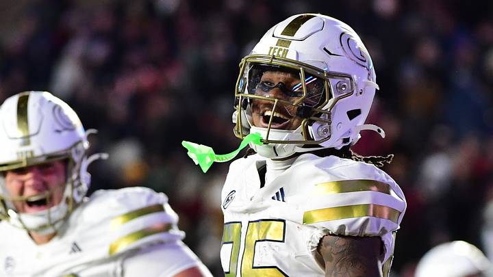 Nov 15, 2025; Chestnut Hill, Massachusetts, USA; Georgia Tech Yellow Jackets wide receiver Jordan Allen (85) reacts after scoring a touchdown during the second half against the Boston College Eagles at Alumni Stadium. Mandatory Credit: Bob DeChiara-Imagn Images Nov 15, 2025; Chestnut Hill, Massachusetts, USA; Georgia Tech Yellow Jackets wide receiver Jordan Allen (85) reacts after scoring a touchdown during the second half against the Boston College Eagles at Alumni Stadium. Mandatory Credit: Bob DeChiara-Imagn Images