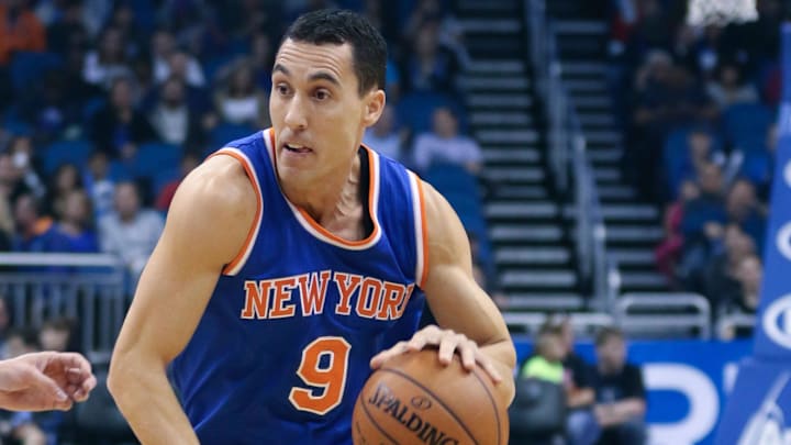 Feb 11, 2015; Orlando, FL, USA; New York Knicks guard Pablo Prigioni (9) during an NBA basketball game at Amway Center. The Orlando Magic defeated the New York Knicks 89-83. Mandatory Credit: Reinhold Matay-Imagn Images