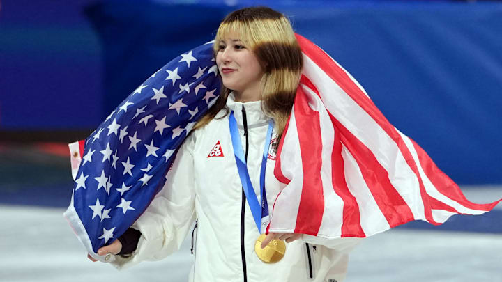Feb 8, 2026; Milan, Italy; Alysa Liu of the United States of America celebrates after winning gold in the team figure skating event during the Milano Cortina 2026 Olympic Winter Games at Milano Ice Skating Arena.