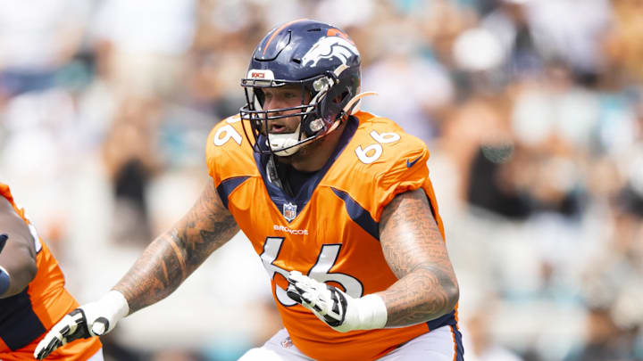 Sep 19, 2021; Jacksonville, Florida, USA; Denver Broncos guard Dalton Risner (66) against the Jacksonville Jaguars at TIAA Bank Field. Mandatory Credit: Mark J. Rebilas-Imagn Images