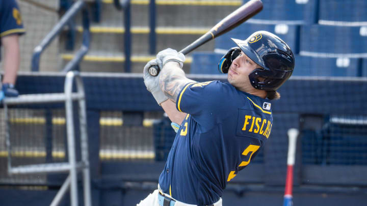 Milwaukee Brewers infield prospect Andrew Fischer hits during spring training workouts Tuesday, February 17, 2026, at American Family Fields of Phoenix in Phoenix, Arizona.
