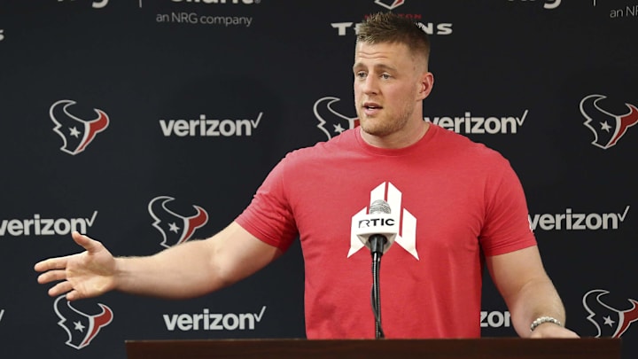 Jun 11, 2019; Houston, TX, USA; Houston Texans defensive end JJ Watt (99) talks to the media during a press conference in the media room at NRG Stadium. Mandatory Credit: Thomas B. Shea-Imagn Images