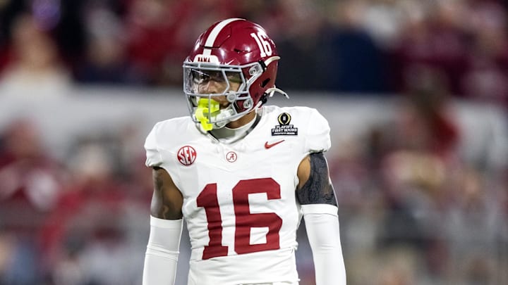 Dec 19, 2025; Norman, OK, USA; Alabama Crimson Tide defensive back Red Morgan (16) against the Oklahoma Sooners during the CFP National Playoff First Round at Gaylord Family Oklahoma Memorial Stadium. Mandatory Credit: Mark J. Rebilas-Imagn Images