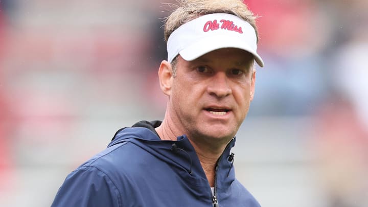 Ole Miss Rebels head coach Lane Kiffin prior to the game against the Arkansas Razorbacks at Donald W. Reynolds Razorback Stadium.