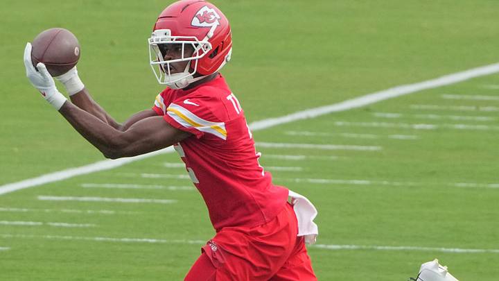 Jul 29, 2026; St. Joseph, MO, USA; Kansas City Chiefs wide receiver Tyquan Thornton (2) catches a pass during training camp at Missouri Western State University. Mandatory Credit: Denny Medley-Imagn Images Jul 29, 2026; St. Joseph, MO, USA; Kansas City Chiefs wide receiver Tyquan Thornton (2) catches a pass during training camp at Missouri Western State University. Mandatory Credit: Denny Medley-Imagn Images