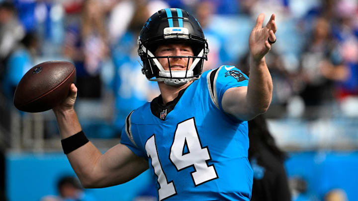 Oct 26, 2025; Charlotte, North Carolina, USA; Carolina Panthers quarterback Andy Dalton (14) warms up before a game against the Buffalo Bills at Bank of America Stadium. Oct 26, 2025; Charlotte, North Carolina, USA; Carolina Panthers quarterback Andy Dalton (14) warms up before a game against the Buffalo Bills at Bank of America Stadium.