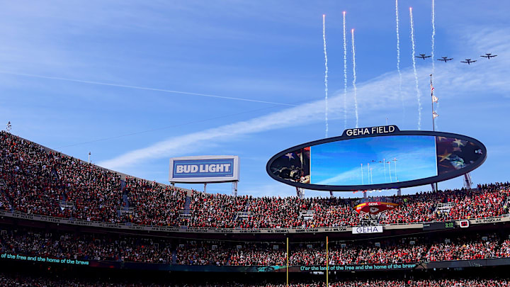 Military planes flyover as fireworks are fired before the first quarter during the AFC championship NFL football game between the Cincinnati Bengals and the Kansas City Chiefs, Sunday, Jan. 30, 2022, at GEHA Field at Arrowhead Stadium in Kansas City, Missouri. Military planes flyover as fireworks are fired before the first quarter during the AFC championship NFL football game between the Cincinnati Bengals and the Kansas City Chiefs, Sunday, Jan. 30, 2022, at GEHA Field at Arrowhead Stadium in Kansas City, Missouri.