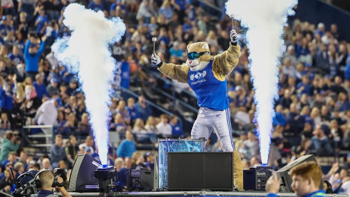 Oct 21, 2023; Provo, Utah, USA; Cosmo the Brigham Young Cougars mascot performs in the second half against the Texas Tech Red Raiders at LaVell Edwards Stadium. Mandatory Credit: Rob Gray-USA TODAY Sports