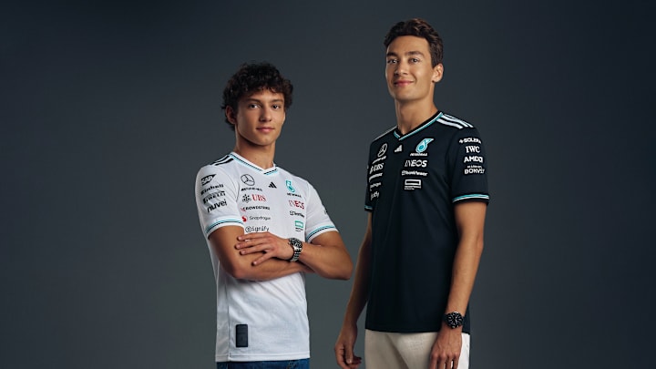 Andrea Kimi Antonelli and George Russell in the new 2025 Mercedes team kit.