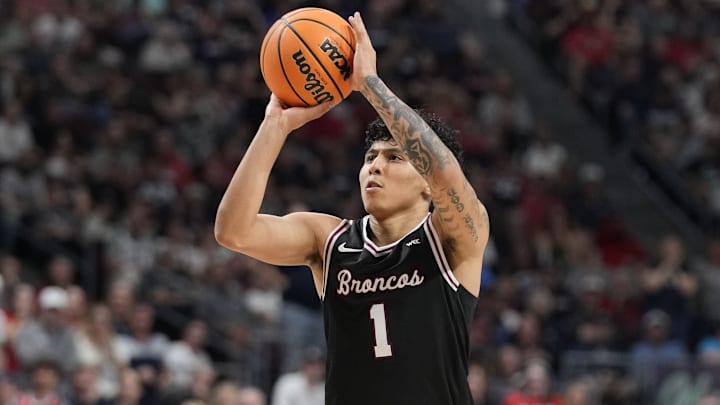 March 10, 2026; Las Vegas, NV, USA; Santa Clara Broncos guard Christian Hammond (1) shoots the basketball against the Gonzaga Bulldogs during the second half at Orleans Arena. Mandatory Credit: Kyle Terada-Imagn Images