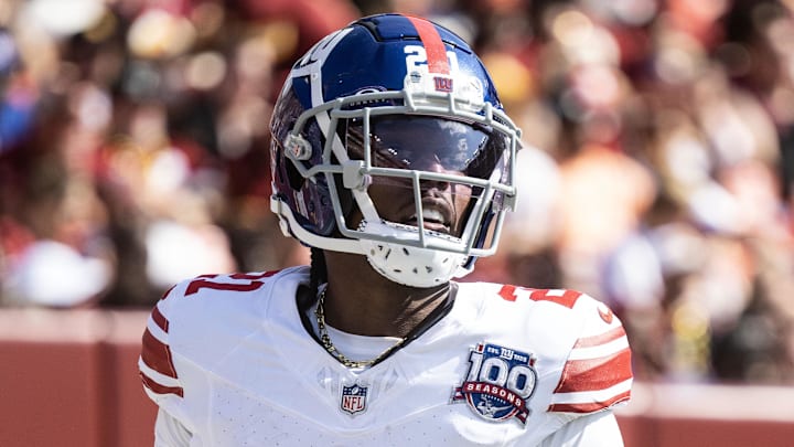 Sep 15, 2024; Landover, Maryland, USA; New York Giants Adoree' Jackson (21) runs off the field during the second half. Sep 15, 2024; Landover, Maryland, USA; New York Giants Adoree' Jackson (21) runs off the field during the second half.