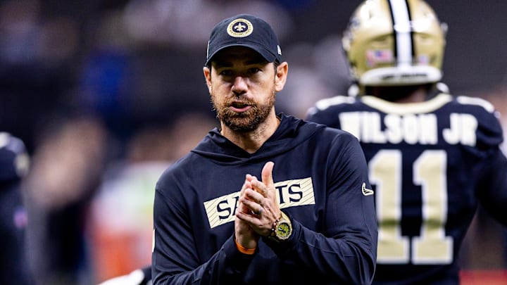 Sep 8, 2024; New Orleans, Louisiana, USA;  New Orleans Saints offensive coordinator Klint Kubiak reacts against the Carolina Panthers during the pregame at Caesars Superdome. Mandatory Credit: Stephen Lew-Imagn Images