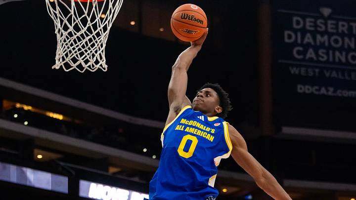 Mar 31, 2026; Glendale, AZ, USA; Brandon McCoy Jr (0) dunks the ball during the McDonalds All American Boys Game at Desert Diamond Arena. Mandatory Credit: Mark J. Rebilas-Imagn Images Mar 31, 2026; Glendale, AZ, USA; Brandon McCoy Jr (0) dunks the ball during the McDonalds All American Boys Game at Desert Diamond Arena. Mandatory Credit: Mark J. Rebilas-Imagn Images