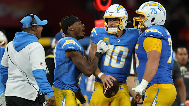 Los Angeles Chargers quarterback Justin Herbert and center Bradley Bozeman. Los Angeles Chargers quarterback Justin Herbert and center Bradley Bozeman.