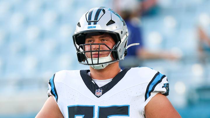 Carolina Panthers center Sam Hecht (75) warms up before a preseason game 